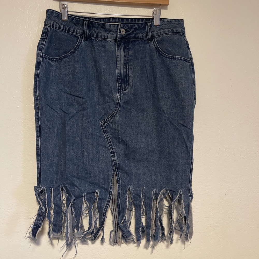 Denim Midi Skirt with Fringed Hem - Blue